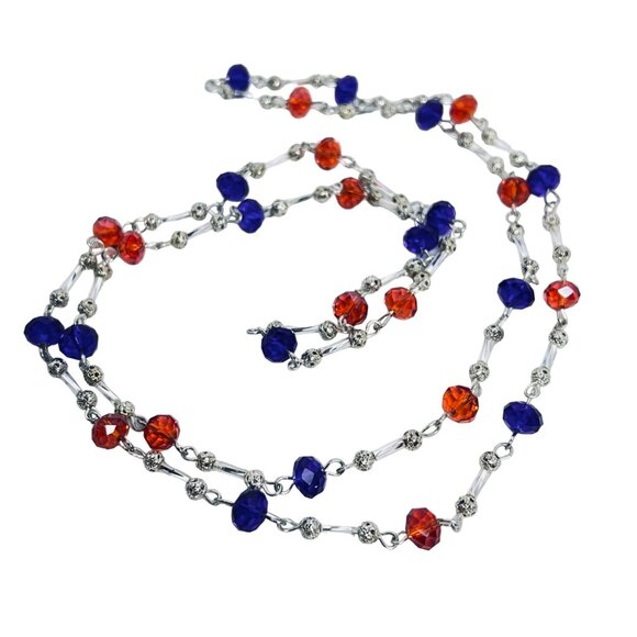 Single Strand Silver Tone With Orange And Blue Beaded Necklace (5481) - Picture 9 of 10